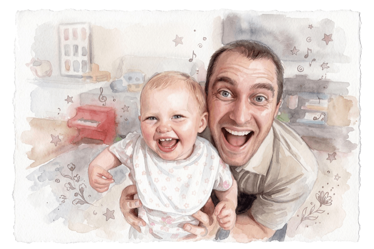 Family portrait spread — watercolour